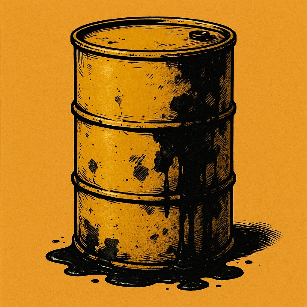 Сгенерируй мне темно желтую бочку чуть испачканную нефтью в стиле японского комикса на однородном фоне. Она должна .смотреться ебать как стильно. Без рисунка капли.  emoji