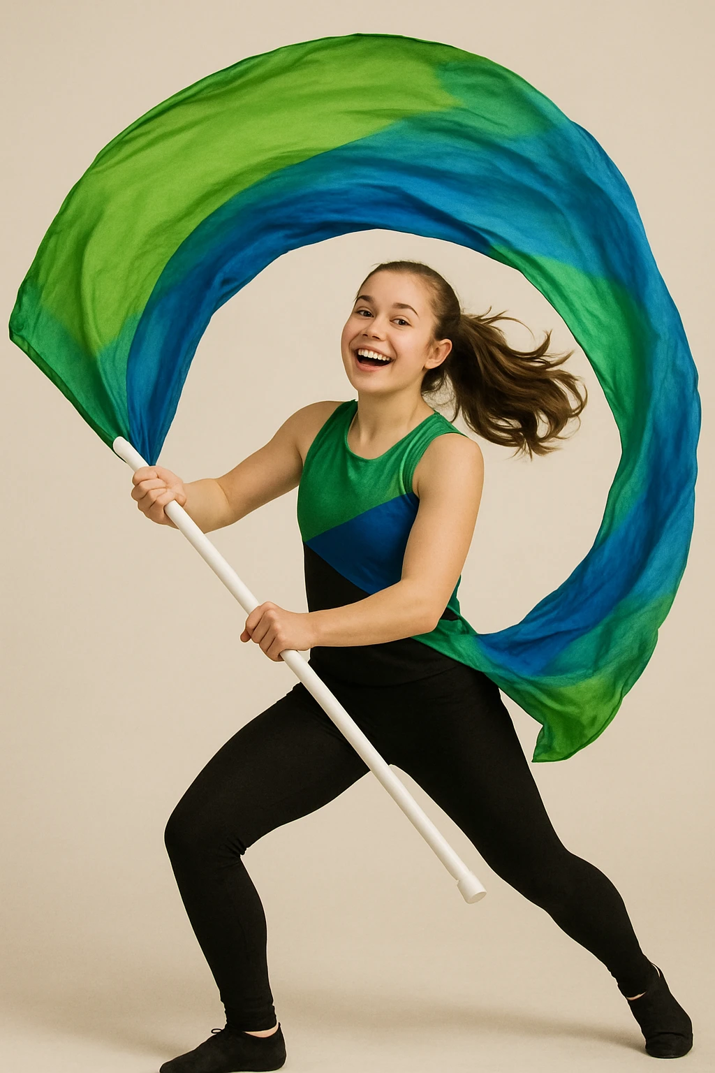 colorguard girl spinning a green and blue flag, dressed in black leggings and a green and blue top, dynamic movement, cheerful expression emoji