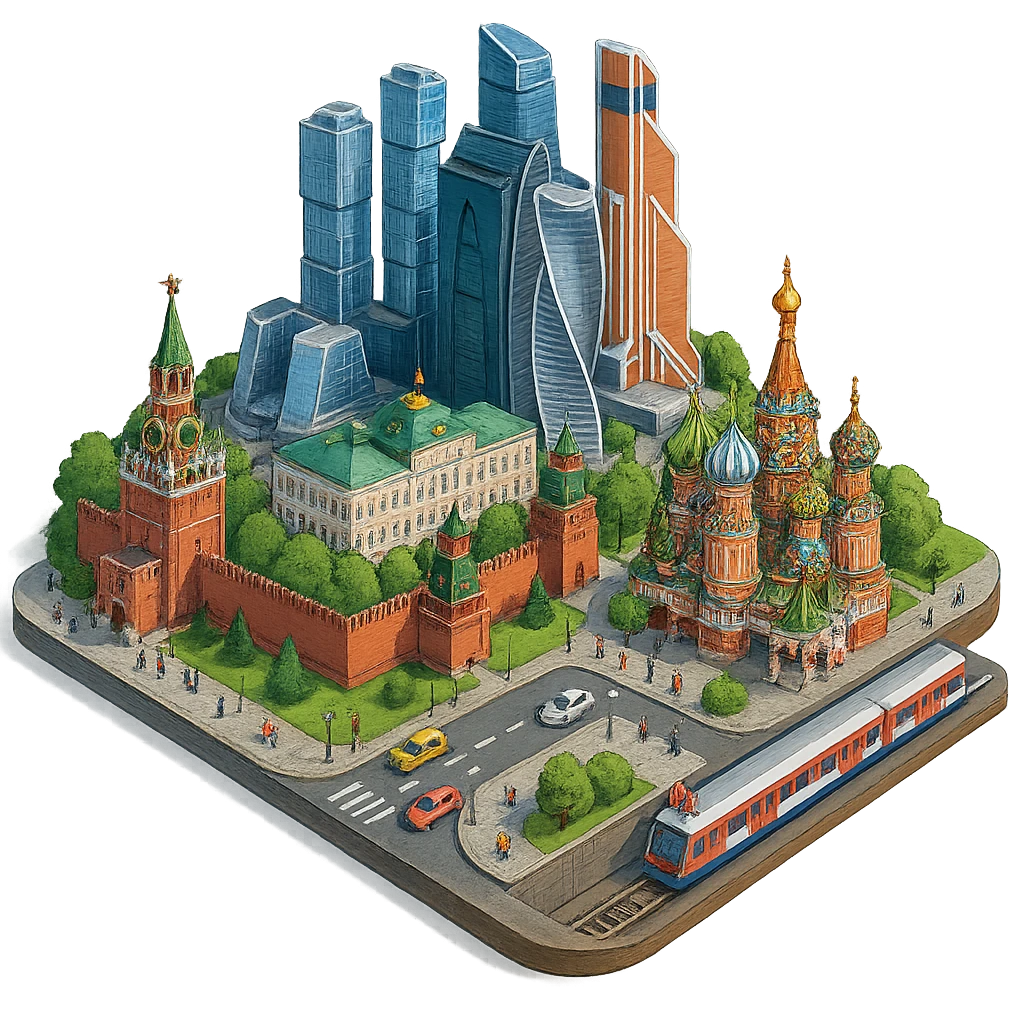 Изометричная миниатюрная фотореалистичная 3D модель Москвы на подставке - Кремль, собор Василия Блаженного, фотореалистичные Башни Москва-Сити, аккуратная детализация, четкие линии, яркие цвета, мультяшный реализм, гуляют люди и современный автотранспорт и метро, компактная композиция, вид сверху в изометрии, прозрачный фон emoji