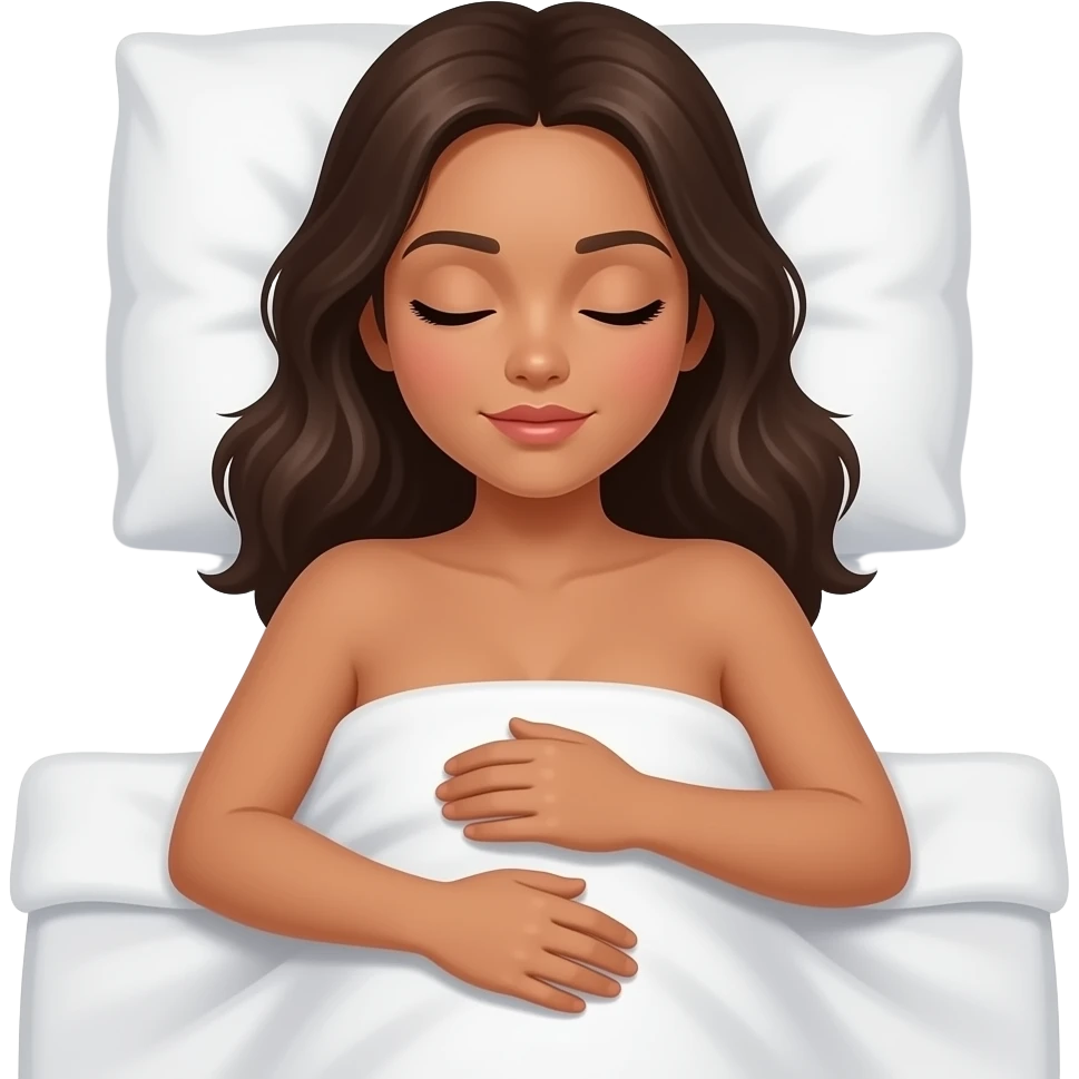 a deeply tanned naked woman sleeping peacefully in bed with the bed sheet down to her waist emoji