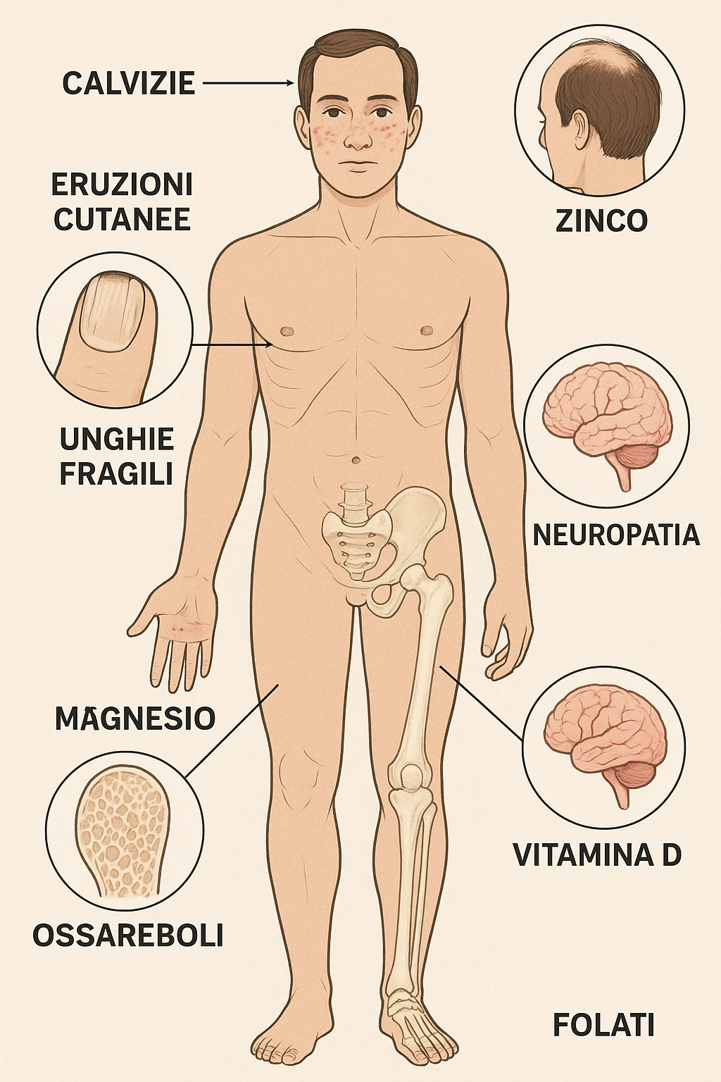 corpo umano in carenza di micronutrienti come zinco, magnesio, vitamina D, folati, in italiano emoji