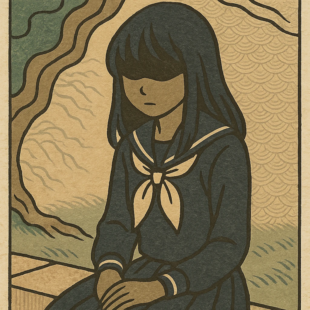 Girl in the shade, dark hair, dark school uniform, face in shadow, only outlines of eyes and mouth visible emoji