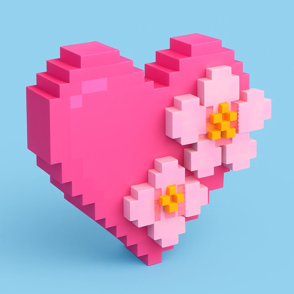pink heart with sakura flowers, voxel style emoji