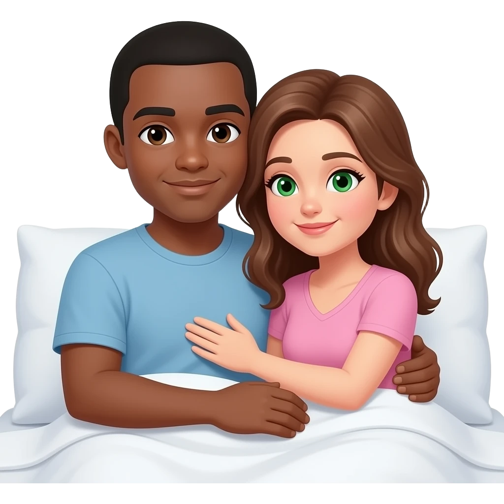 Short hair Dark skin black man and brown hair white woman with green eyes cuddling in bed emoji