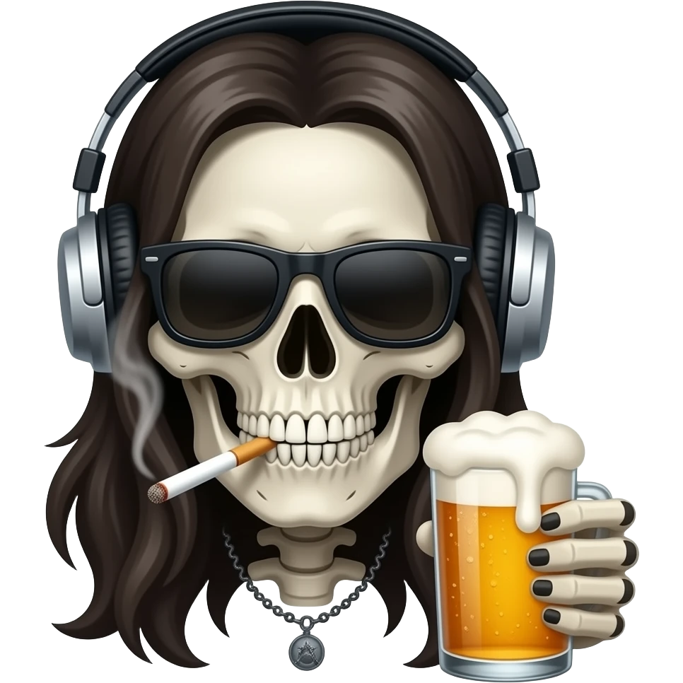 Skull with dark long hair and headphones and sunglasses smoking a cigarette and drinking a beer emoji