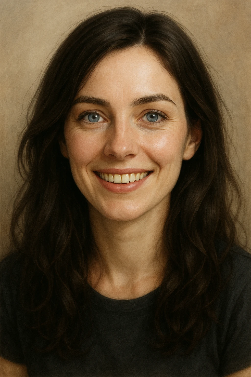 brunette woman with blue eyes smiling, semi-realistic digital art style emoji