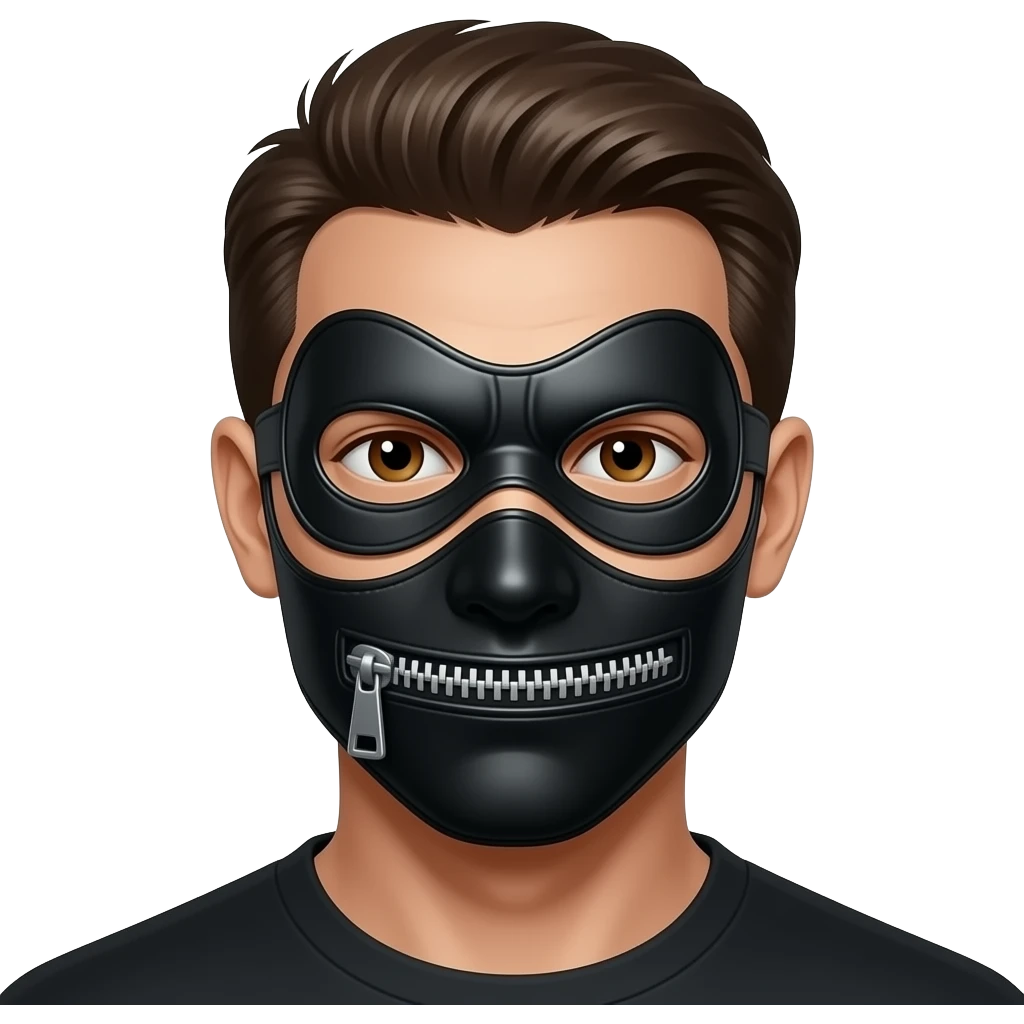 BDSM leather-clad gimp mask with horizontal zipper over mouth occupied by man with brown eyes in a cartoon style emoji