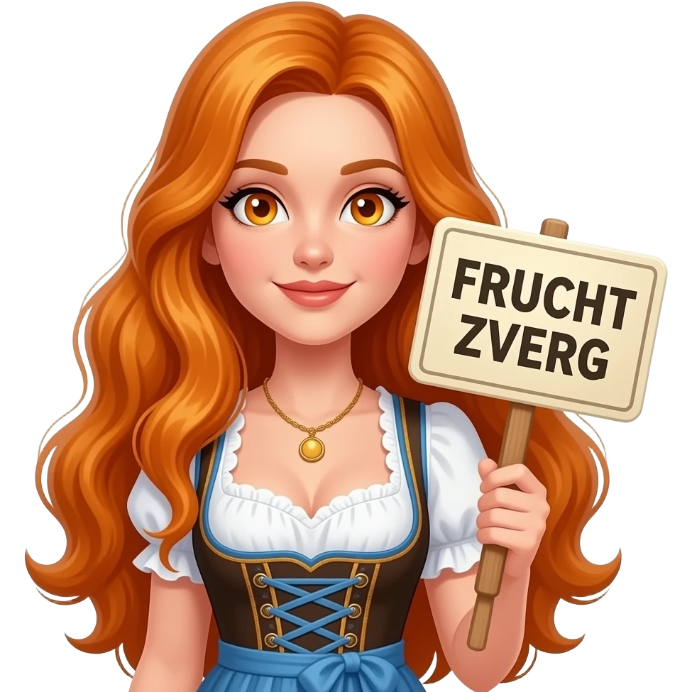 sexy girl with overlong ginger hair and ginger eyes wearing a dirndl holding FRUCHT ZWERG sign emoji