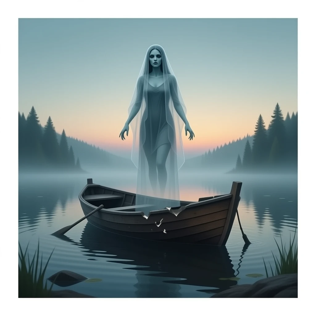 cinematic surreal - a broken boat with a terrifying female apparition around which a transparent veil flutters hovers emoji