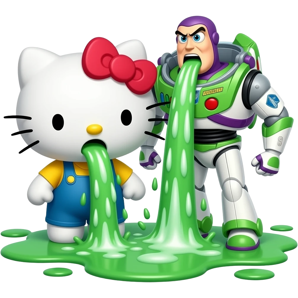 Green and white, throwing up—Hello Kitty and Buzz throwing up too are throwing up together, a lot, covering the ground in vomit; it's gushing out of her mouth like Niagara Falls angry emoji