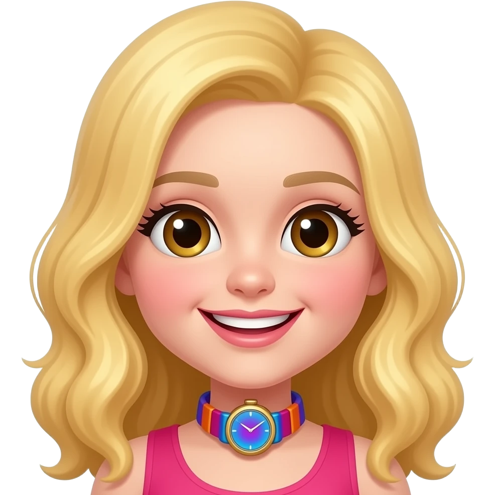 blonde hair slight wavy, slight rabbit front teeth, big eyes light brown, happy colorful (pink/red) with colorful watch (hologram like purple-blue) emoji