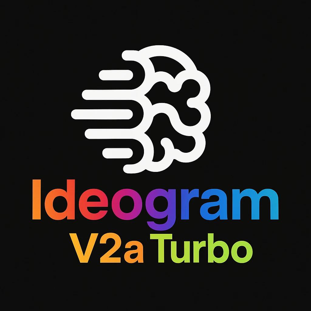 make a non gradient solid but colorful text of "Ideogram V2a Turbo", black background, add this logo too,  emoji