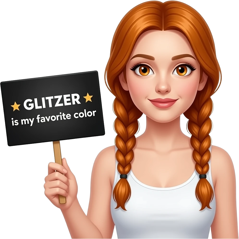 sexy girl with long ginger braids and ginger eyes wearing a white tanktop is holding a black sign with ☆GLITZER☆ ist meine LIEBLINGSFARBE written on it emoji