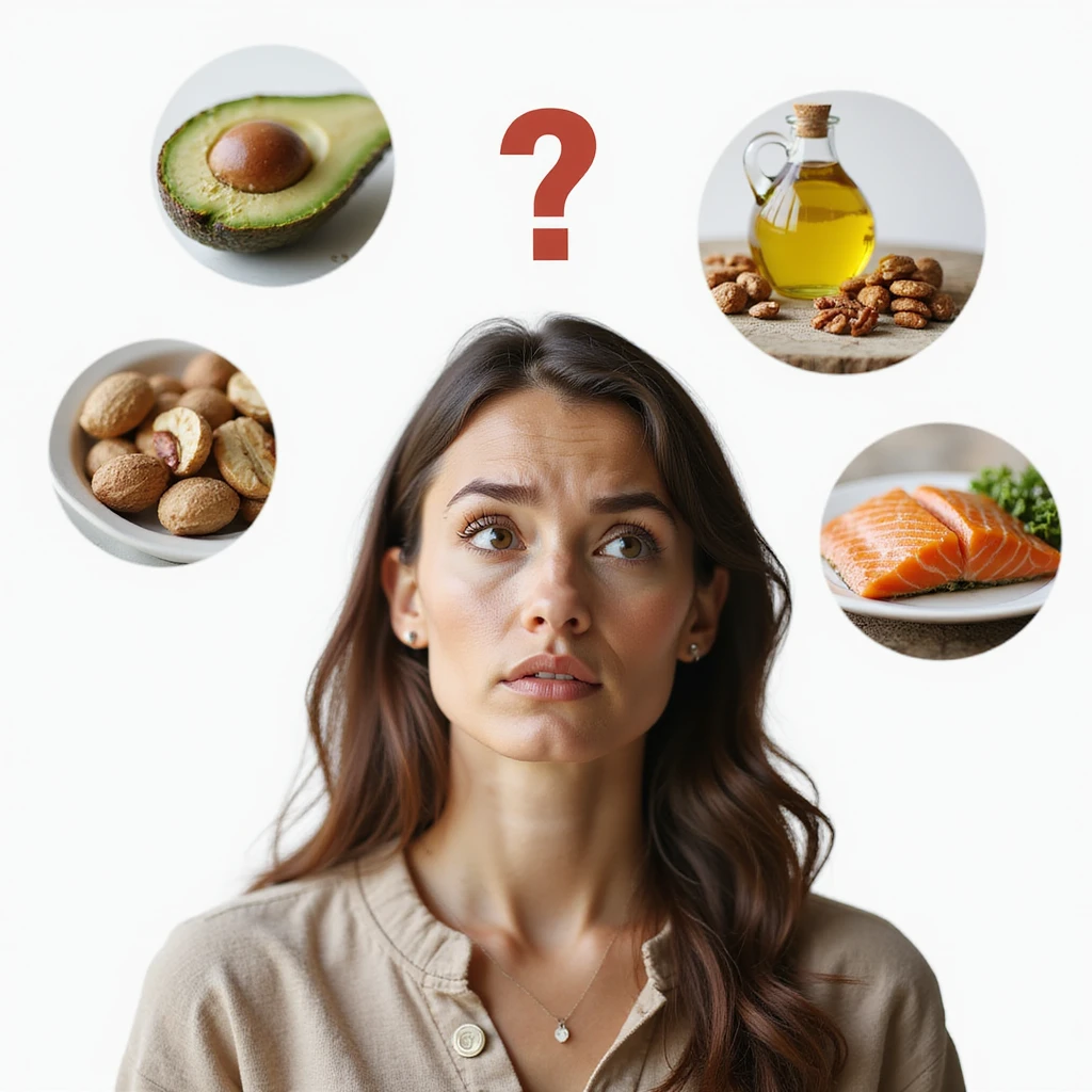 realistic woman with confused expression, surrounded by realistic icons of healthy fats (avocado, olive oil, nuts, salmon), question mark above head, hyperrealistic details, natural light, PNG without background, variant 1 emoji