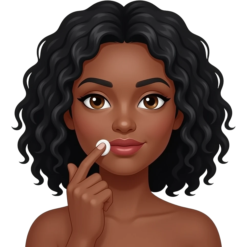 Medium dark skinned woman with black curly shoulder-length hair applying cream to her upper lip region. emoji