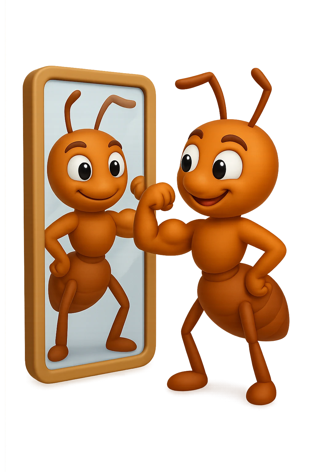 EMOJI STILE IPHONE 3D DI una formica che si guarda allo specchio felice e sicura di sè mentre contrae il suo bicipite muscoloso, fagli anche la parte bianca degli OCCHI, non solo la pupilla emoji