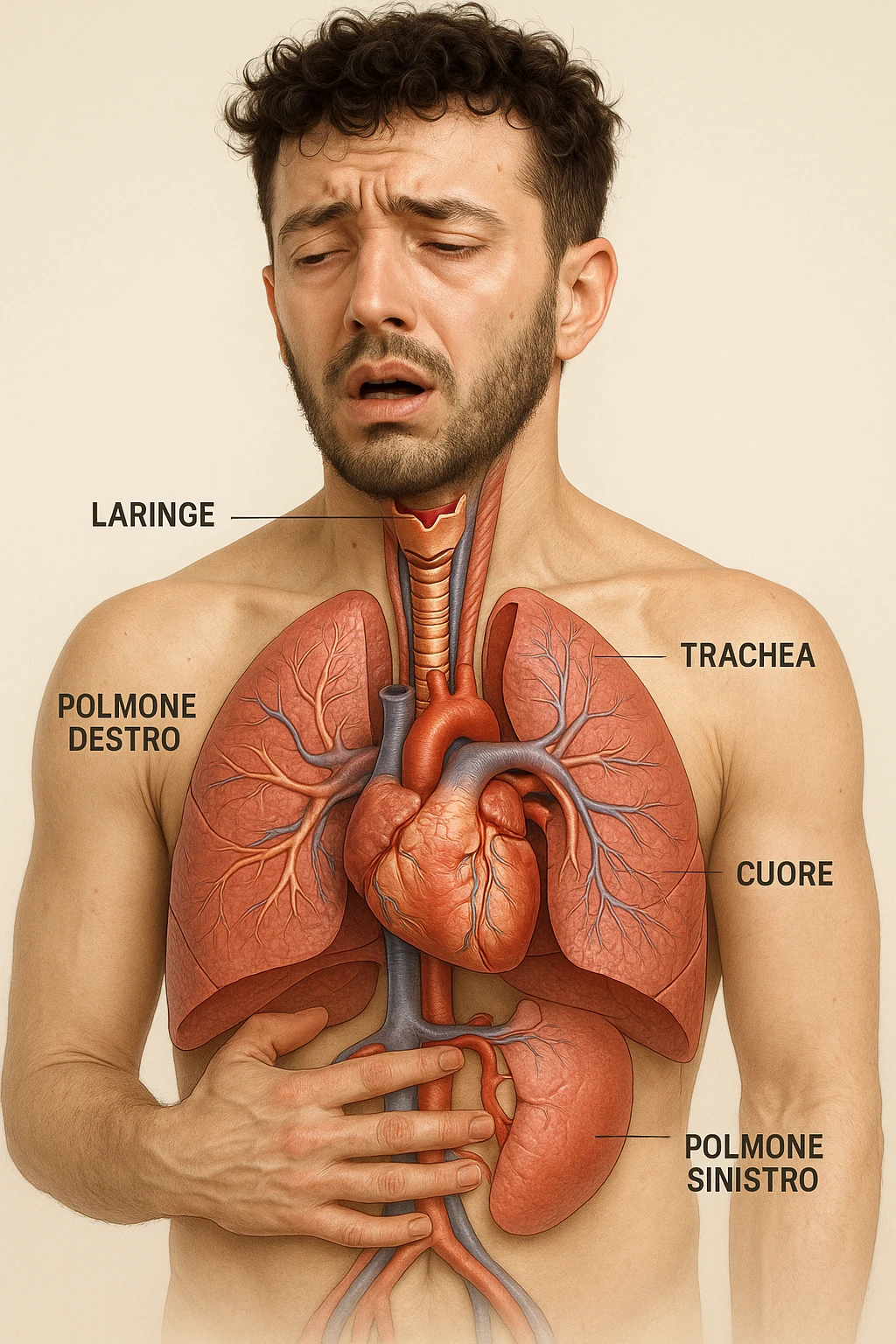Uomo con stanchezza e respiro corto vista anatomica immagine realistica in 3D in italiano emoji
