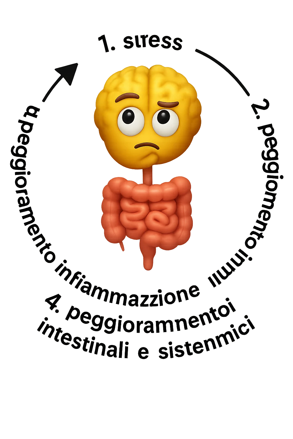 EMOJI STILE IPHONE 3D DI un cerchio con queste scritte che girano intorno in ordine per come li ho scritti "1. stress → 2. peggioramento intestinale → 3. aumento infiammazione → 4. peggioramento sintomi intestinali e sistemici." al centro del cerchio metti un cervello e intestino umani collegati verticalmente con espressione dubbiosa in volto, FALLO MOLTO REALISTICO IN 3D emoji