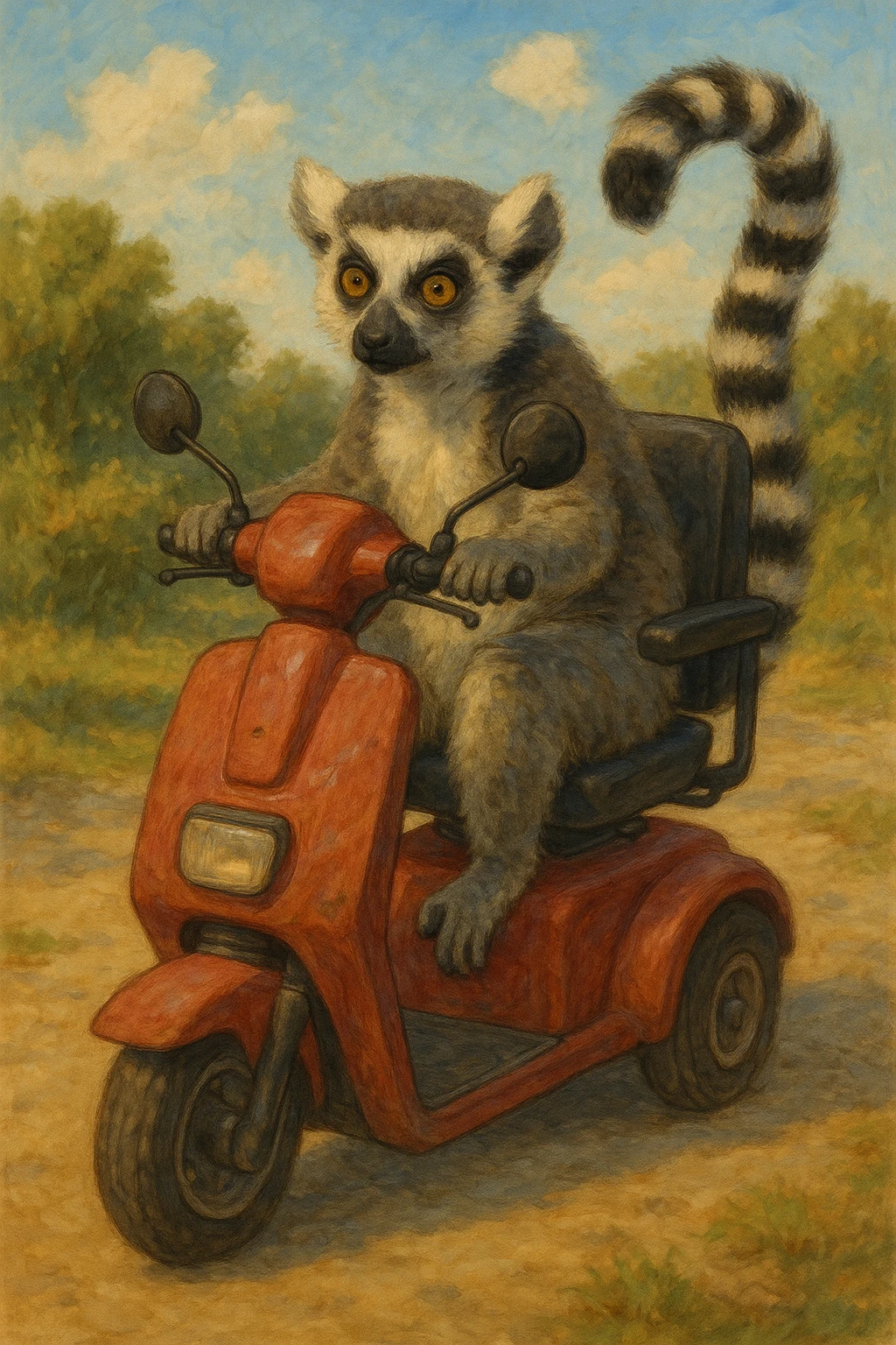 ring tailed lemur riding a mobility scooter, ghibli style, painterly, realistic fur and scooter emoji