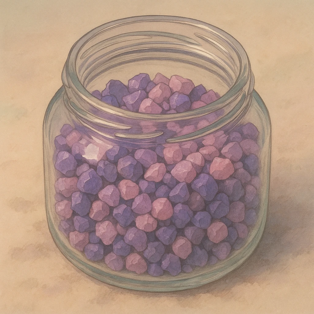 very realistic purple and pink crystal small rough pebbles in an open glass jar, mixed together, natural colors, soft, fairy-like atmosphere, no background, square size emoji