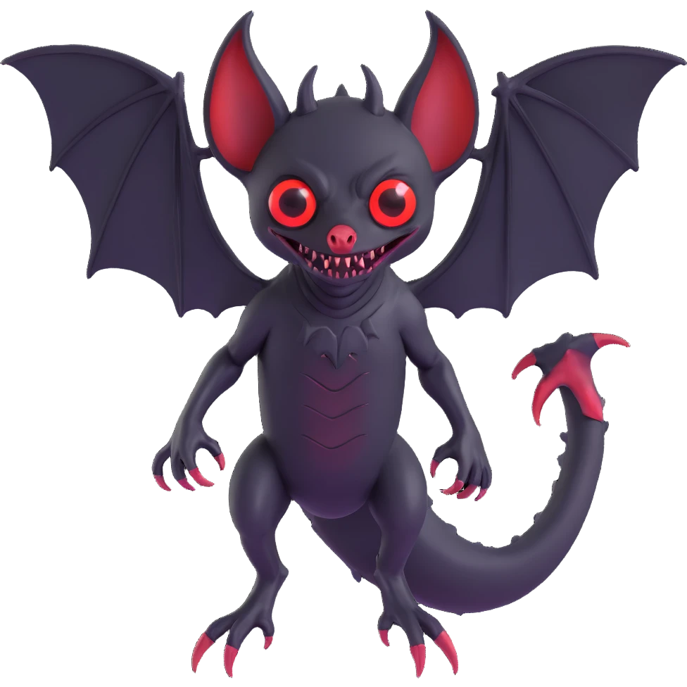an all black reptilian bat-like creature. One cyclopian red eye in its face. no visible mouth or ears. 2 hind legs with claws. has a long tale with a stinger. no ears. no horns. no arms. visible bone-like stinger at end of tail emoji