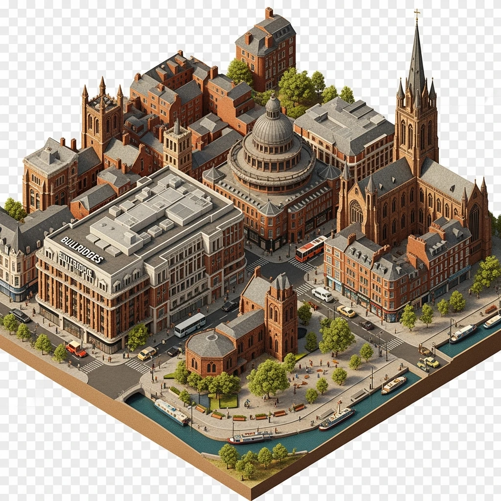 Isometric illustration of Birmingham highly detailed in semi-realistic, 3D miniature effect, transparent background. emoji