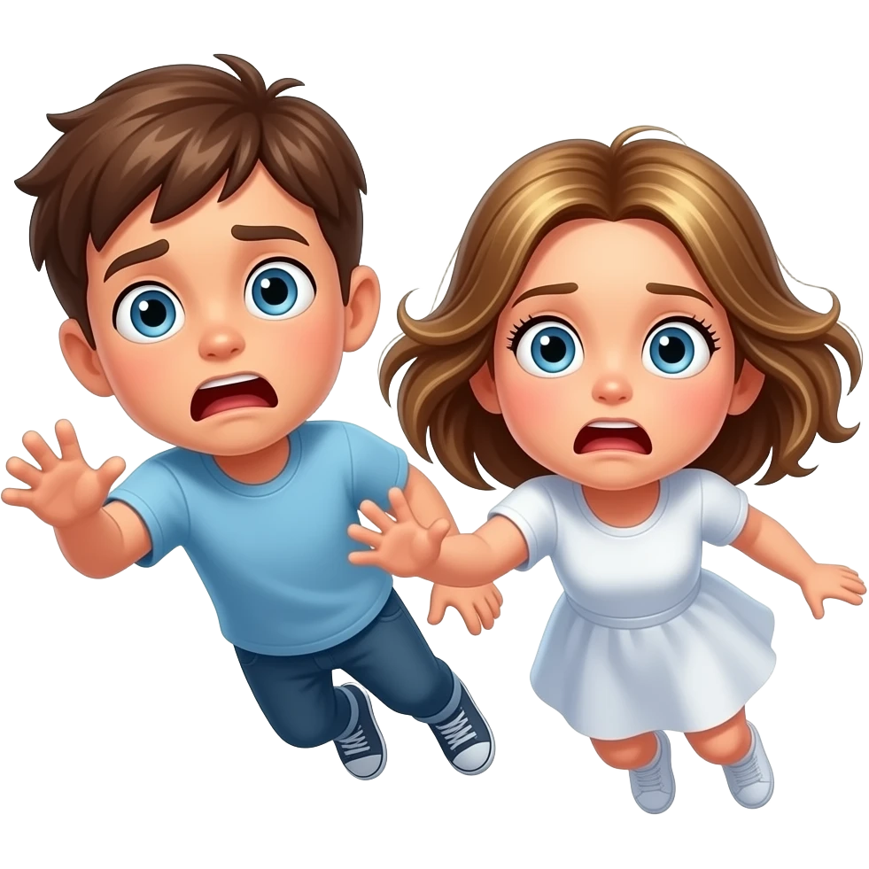 chico y chica caiendo del cielo asustados, el chico castanyo i con pelo corto y la chica pelo suelto y un poco rubia pero castaño y los dos tienen ojos azules son hermanos la chica con la ropa blanca emoji