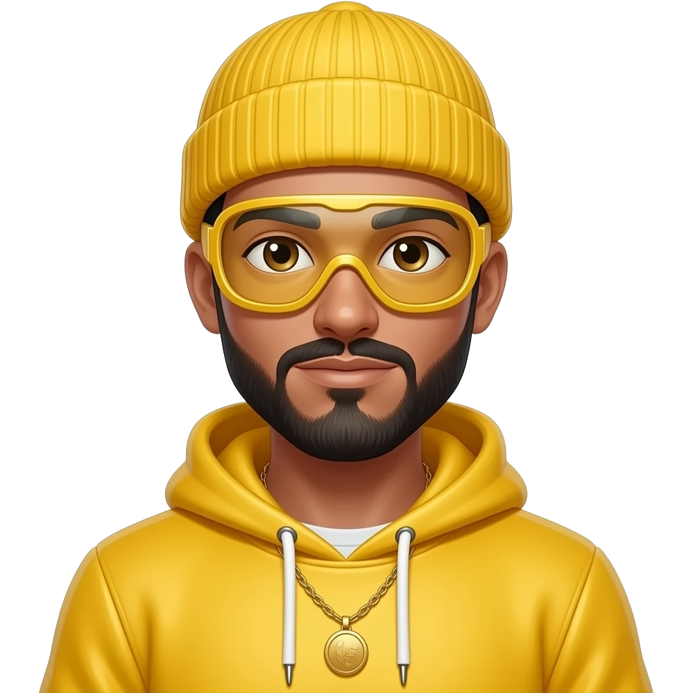Ali G from Fictional Characters with white skin, brown eyes, black hair and short beard, yellow beanie, yellow goggles, yellow metallic sweatshirt, gold necklace emoji
