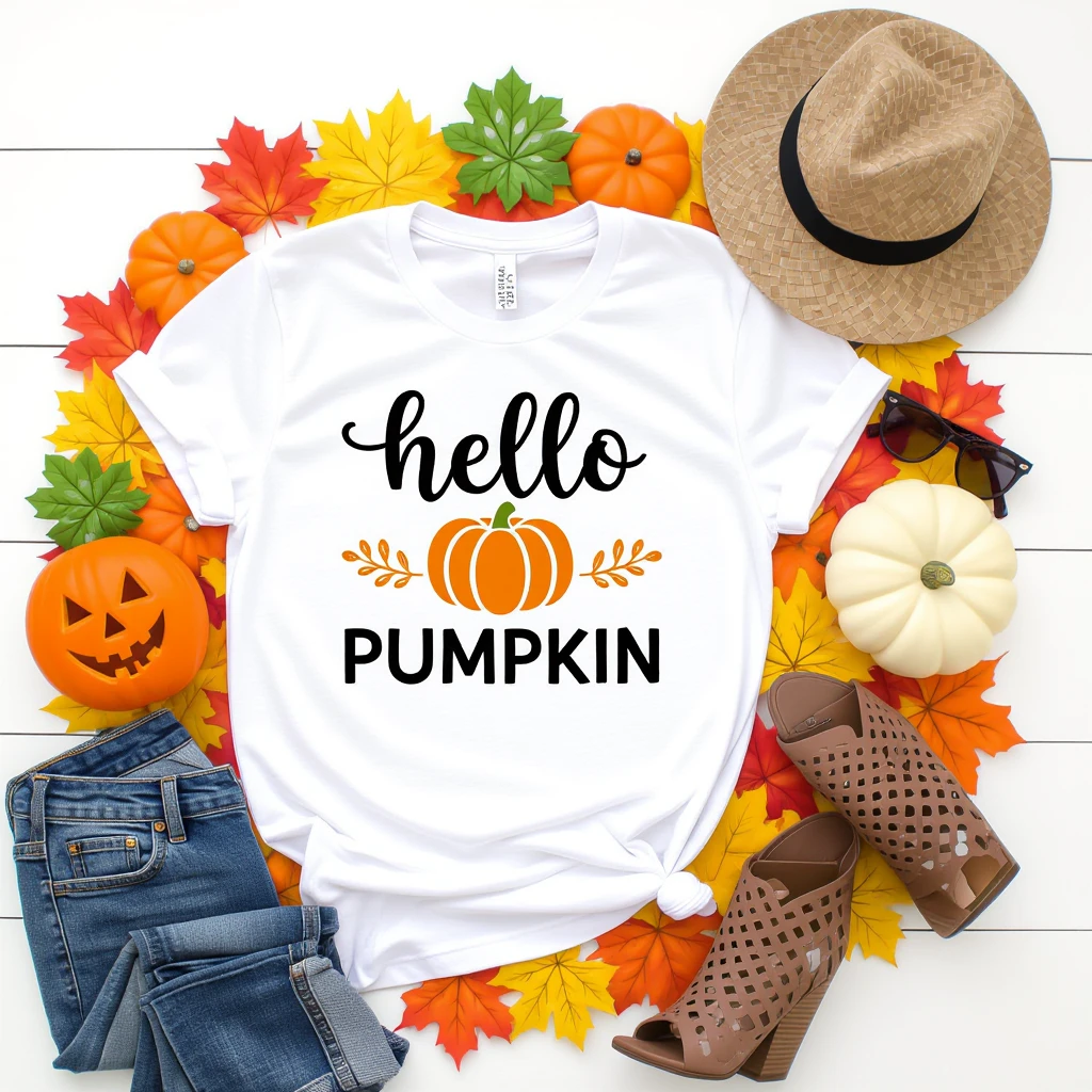 t shirt with print "hello pumpkin" emoji