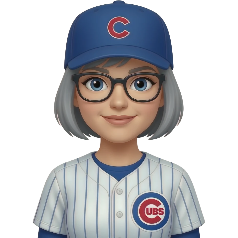 Female short gray hair glasses Chicago cubs uniform emoji