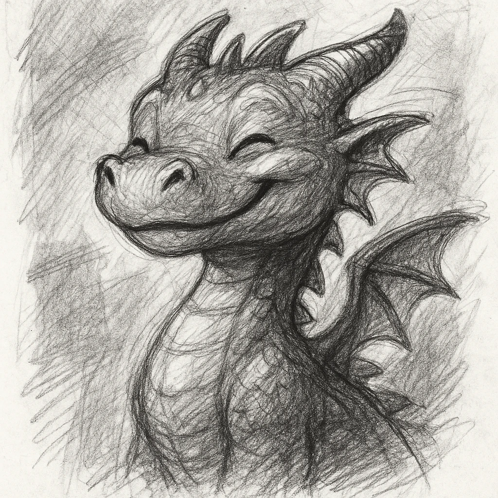 a cute dragon smiling, pencil sketch style emoji