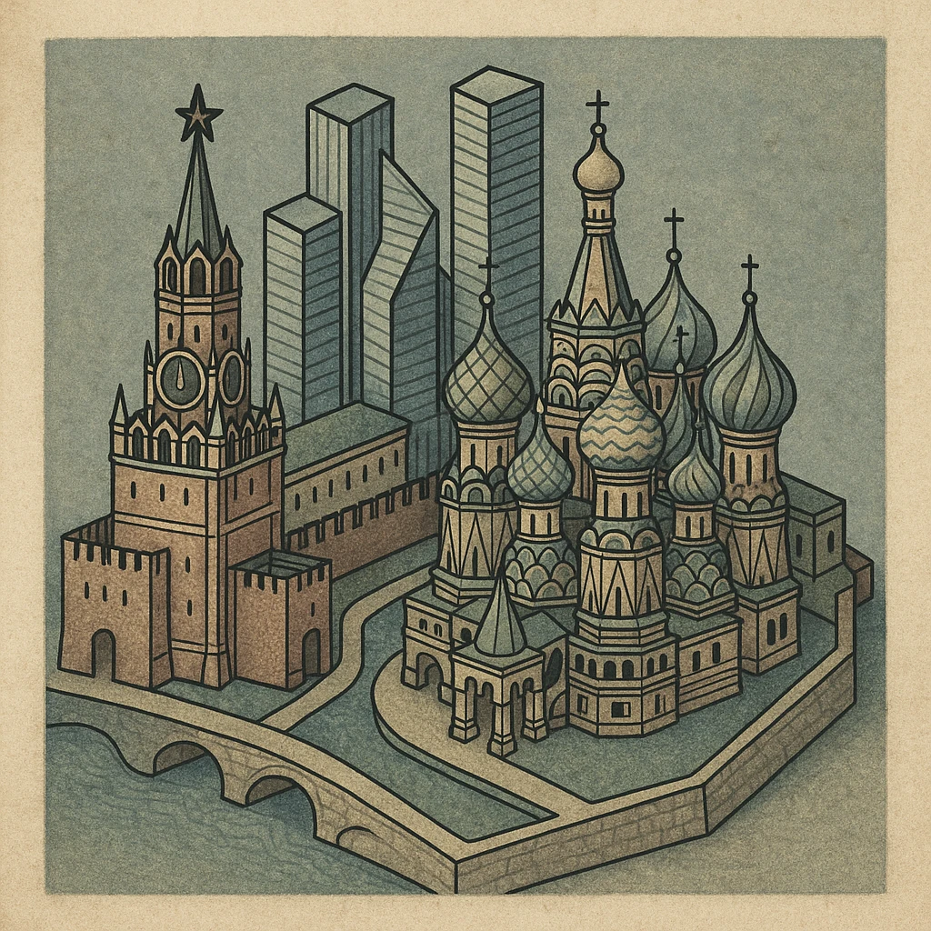 Изометричная миниатюрная 3D модель Москвы - Кремль, собор Василия Блаженного, Сити,  аккуратная детализация, мультяшный реализм, компактная композиция,  вид сверху в изометрии emoji