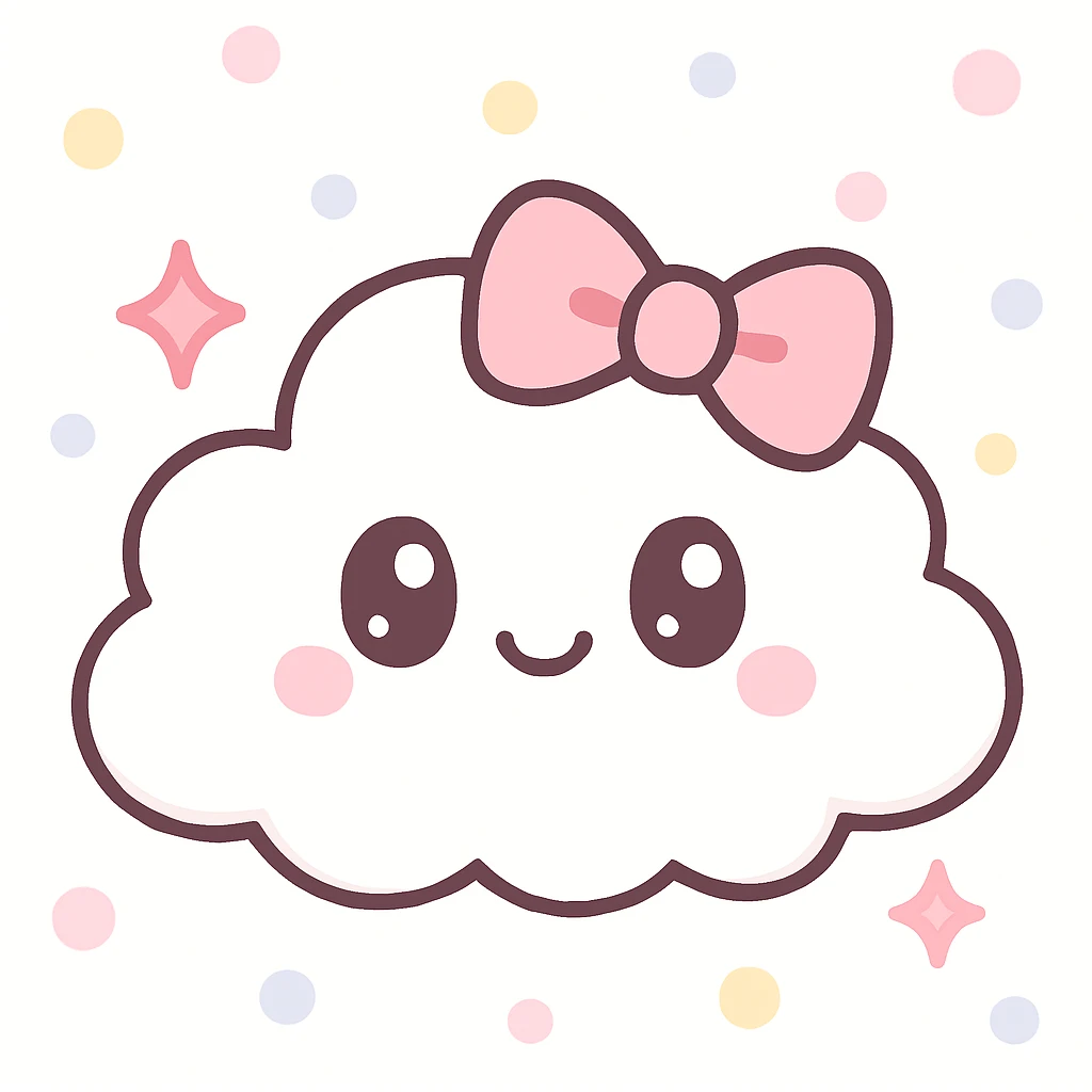 a fluffy white cloud with a pink bow and sparkles, girly charming appearance, pastel colors emoji