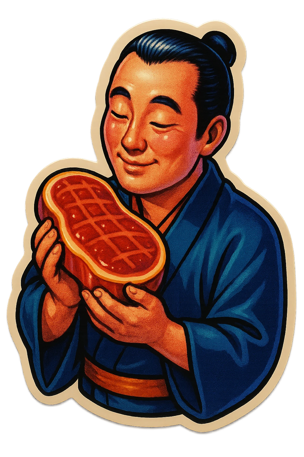 A Japanese man in traditional kimono with a loving look holds a steak in his hands, preparing to eat it emoji
