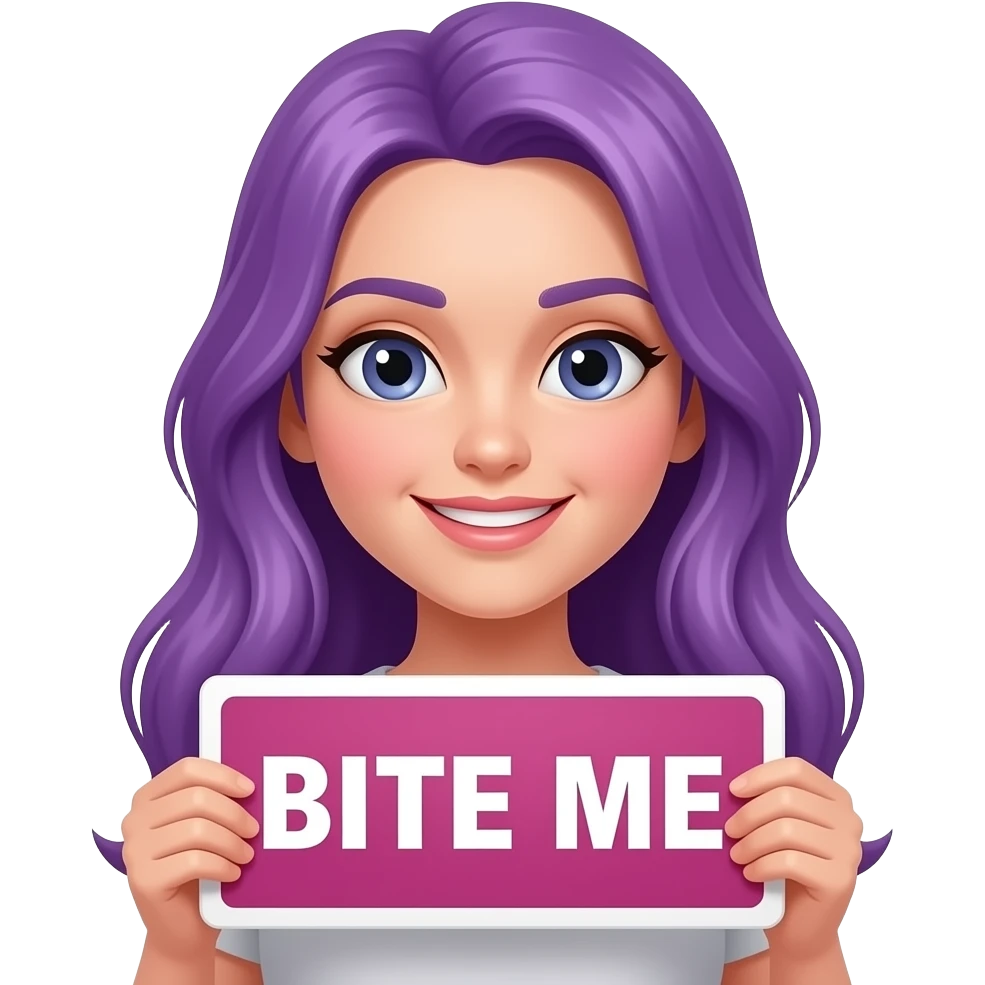 girl with long purple hair holding a BITE ME sign emoji