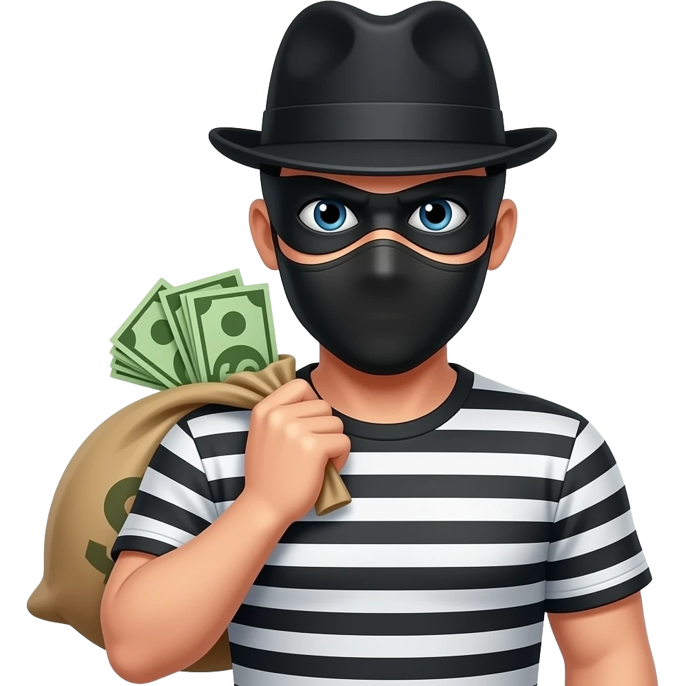 L'emoji di un ladro fammela in  e fammelo con un vestito con le strisce bianche e nere e anche una maschera che copre che sta sugli occhi e un dacco con dentro dei soldi sulle spelle e un cappello da ladro emoji