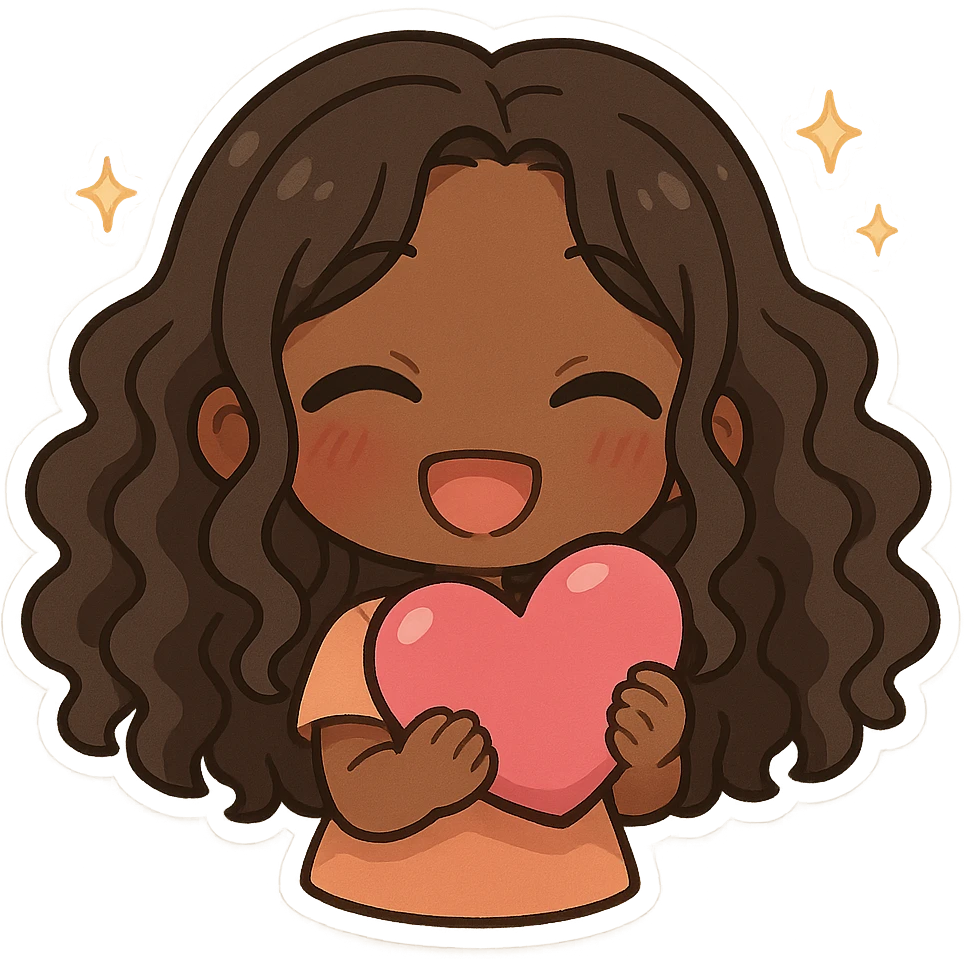 chibi anime black girl with long curly hair, smiling, holding a pink heart, sparkles around emoji
