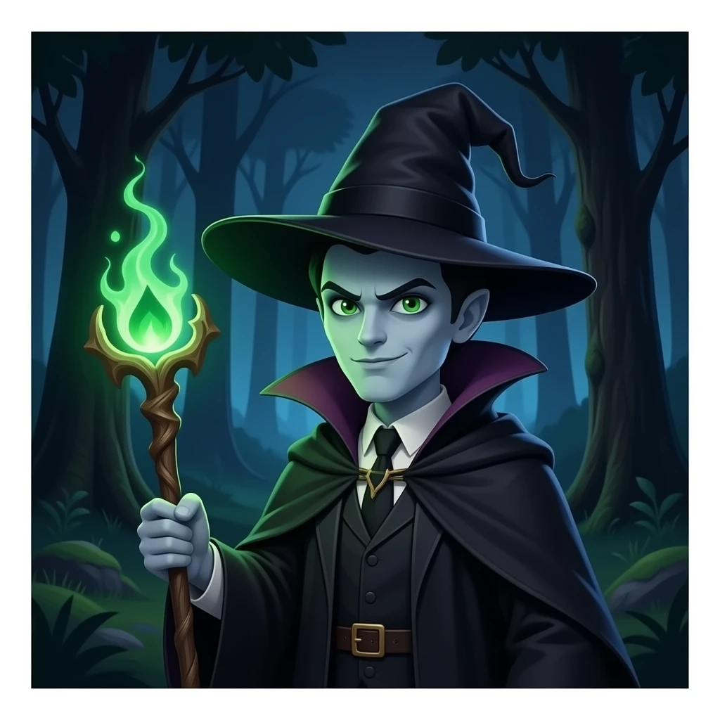 evil magician, dark forest, glowing magic staff” emoji