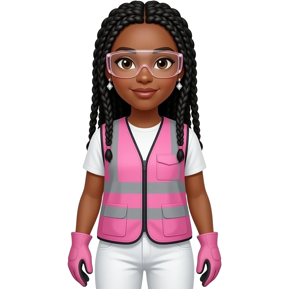 African American light skin woman with brown eyes with long black box braids wearing diamond earrings wearing pink and clear safety glasses wearing a pink construction vest wearing white pans wearing pink construction vest wearing white pants wearing pink construction gloves emoji