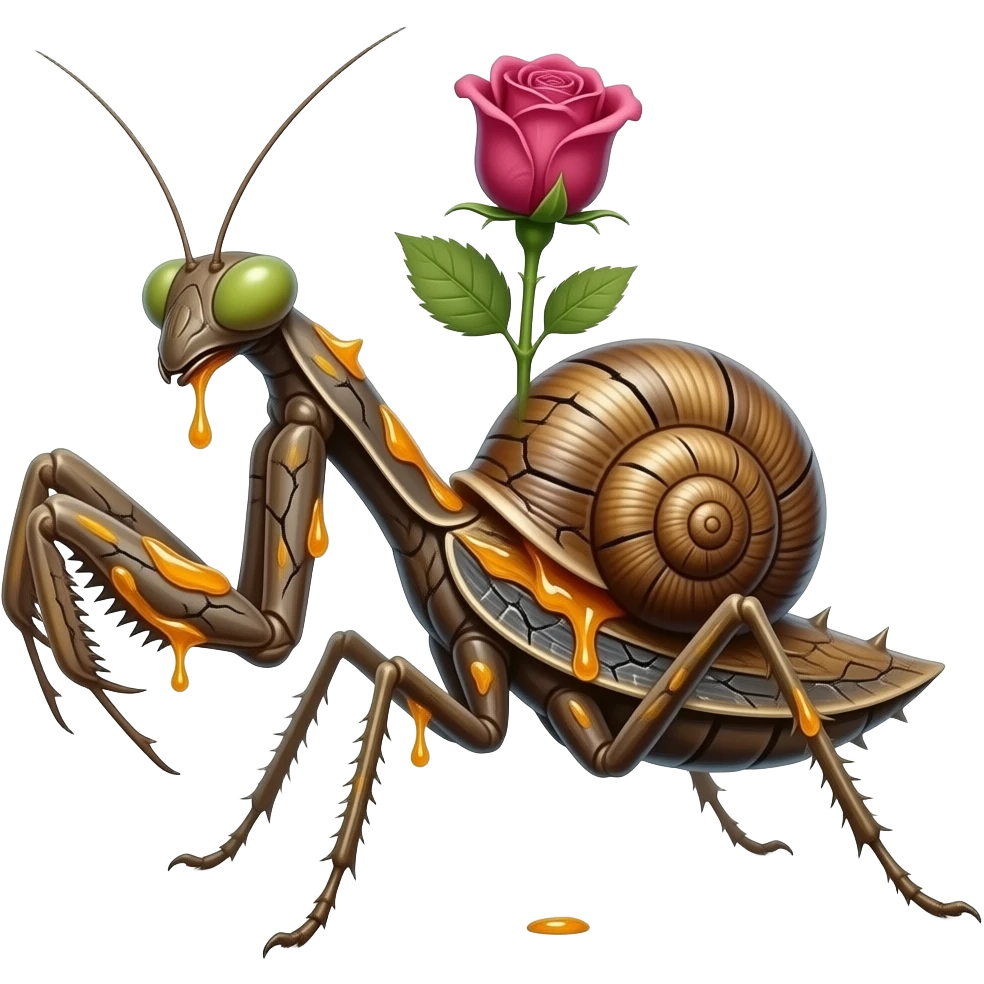 Saprawl A slow forest mantis crawler with sticky amber sap running through cracks in its bark-like body. it's made of bark but has one flowers blooming on its back, it has rose spikes and runs fast with all its limbs. It's full of leave markings, and looks like a mantis with a snail armor emoji