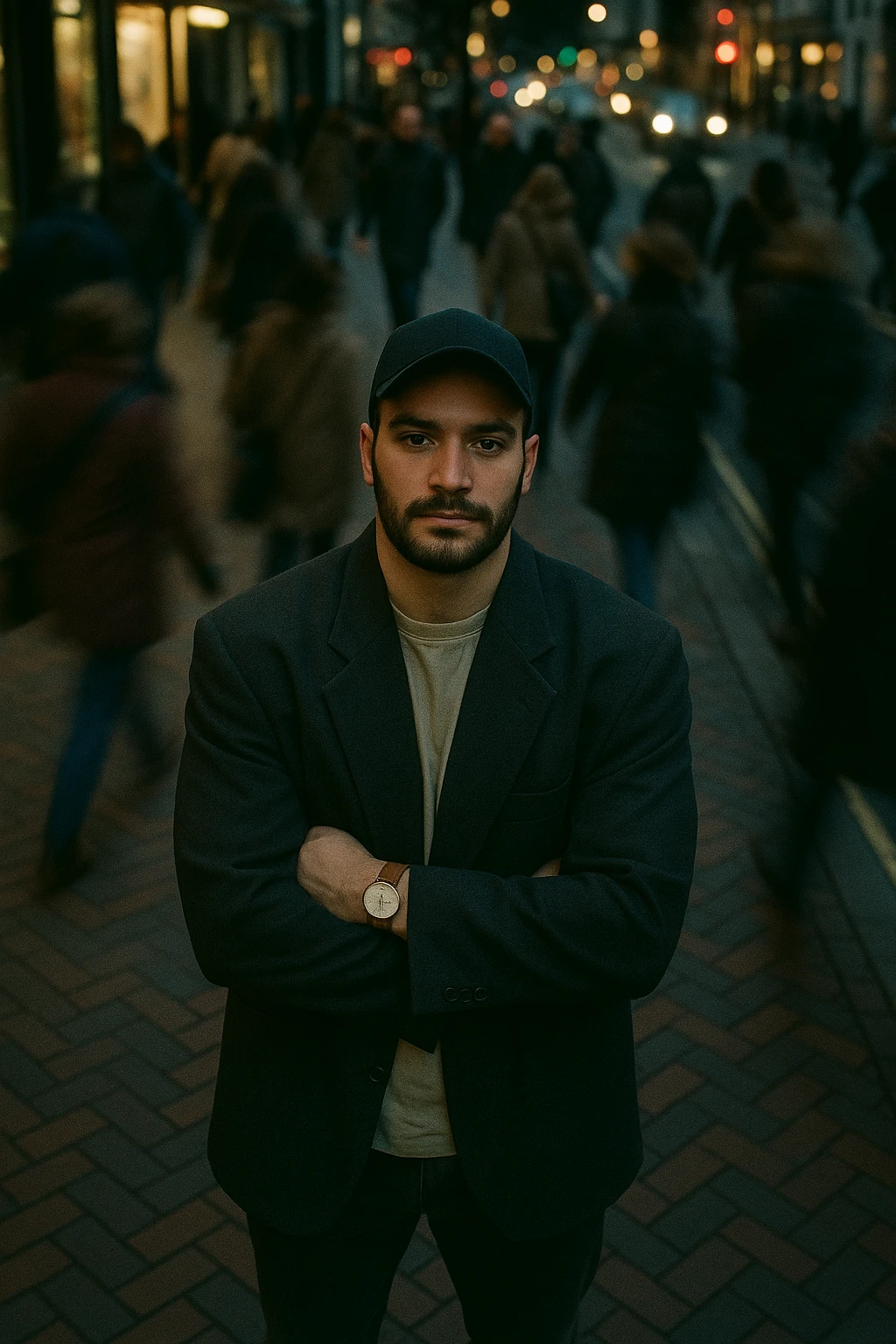 overhead shot of me standing still on a brick city sidewalk, wearing a dark oversized blazer,
motion-blurred crowd rushes past around me. Moody lighting, 35mm film look, shallow depth of field, sharp focus on me. emoji