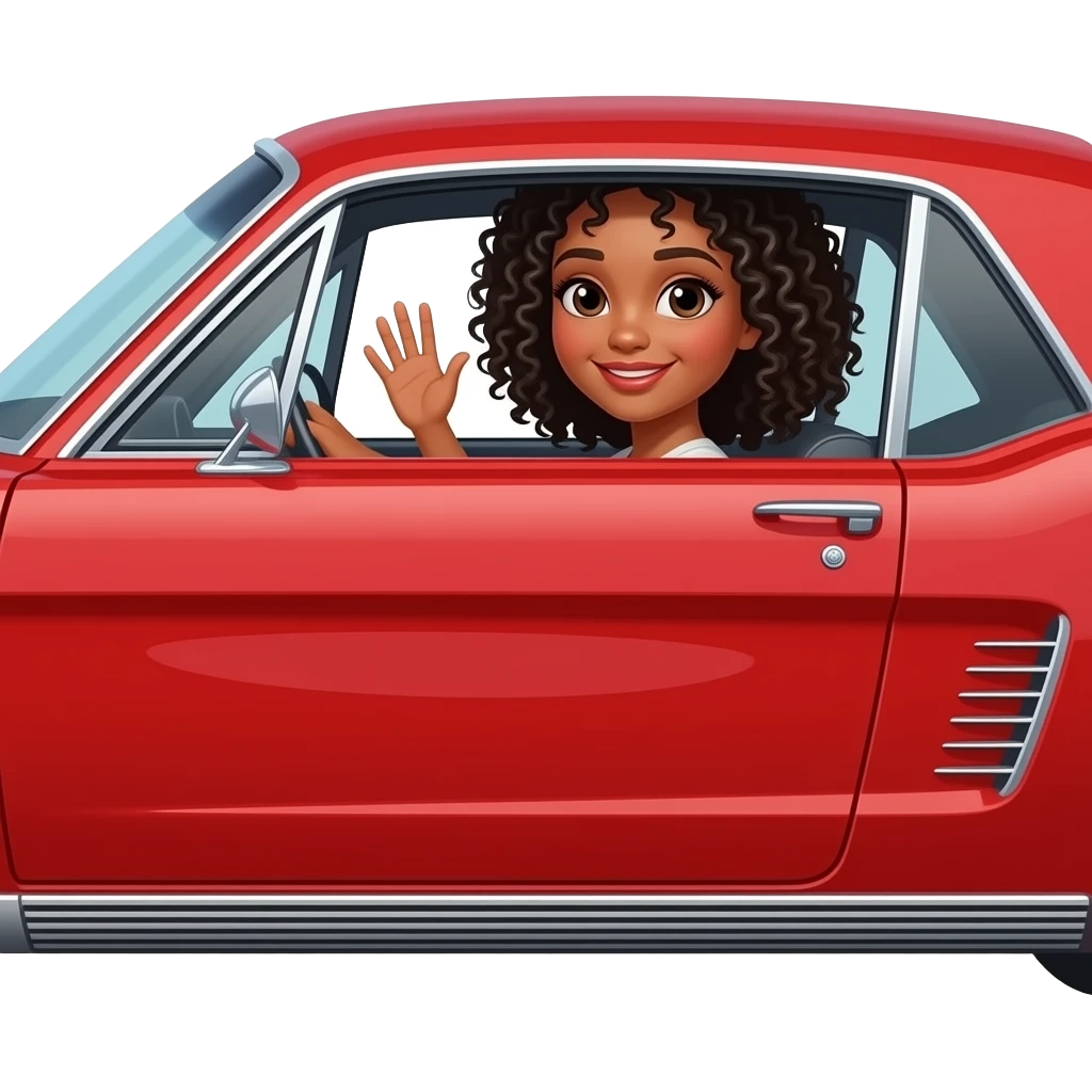 Pale girl with black curly hair driving a red Ford Mustang 1968 coupe and waving through the window on the driving side. Car must be seen in full. emoji