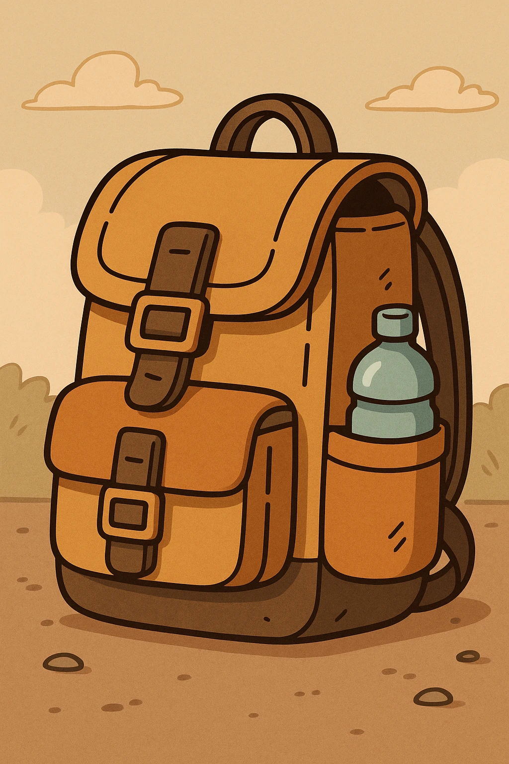a small, rugged hiking backpack with a water bottle pocket, adventure vibe, flat toon style illustration emoji