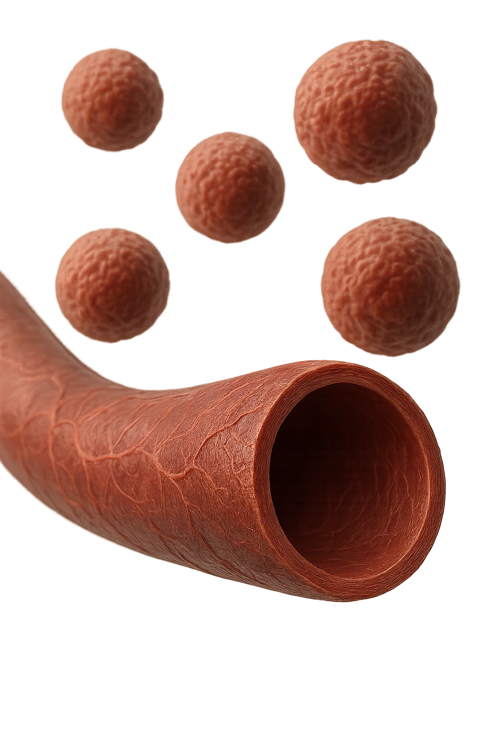 VASO SANGUIGNO UMANO ANATOMICO IN PRIMO PIANO, SULLO SFONDO FLUTTUANO 5 CELLULE UMANE ANATOMICHE, IPERREALISTICO 4K emoji