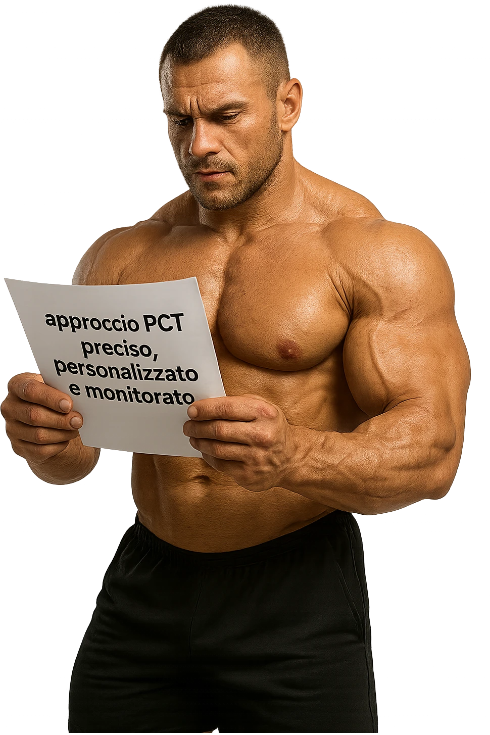 BODYBUILDER CHE LEGGE UN FOGLIO CON LA SCRITTA "approccio PCT preciso, personalizzato
e monitorato" emoji
