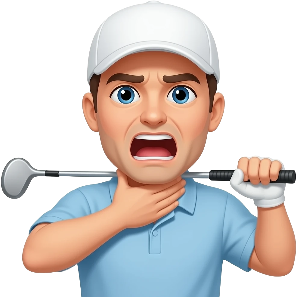 Man screaming holding his neck choking  white golf hatwith two hands golf club emoji
