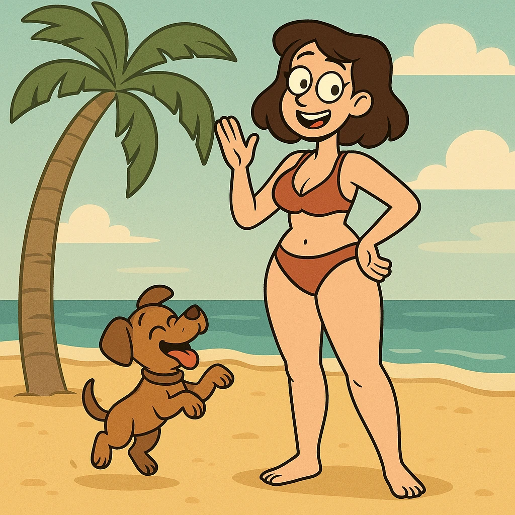 a woman in swimwear on a beach with a palm tree and a puppy, cartoon style emoji