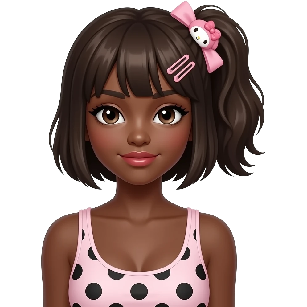 Dark brown skin, Gyaru makeup, my melody hairclip, cutecore, doll eyes, Doll, big chest, black girl with dark brown skin, with dark brown hair, black cute eyes, cute lips with Gyaru outfit with tank top light pink and black polka dots emoji