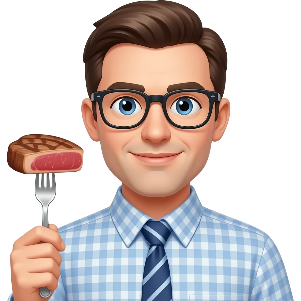 a nerd guy who hold a fork with steak emoji