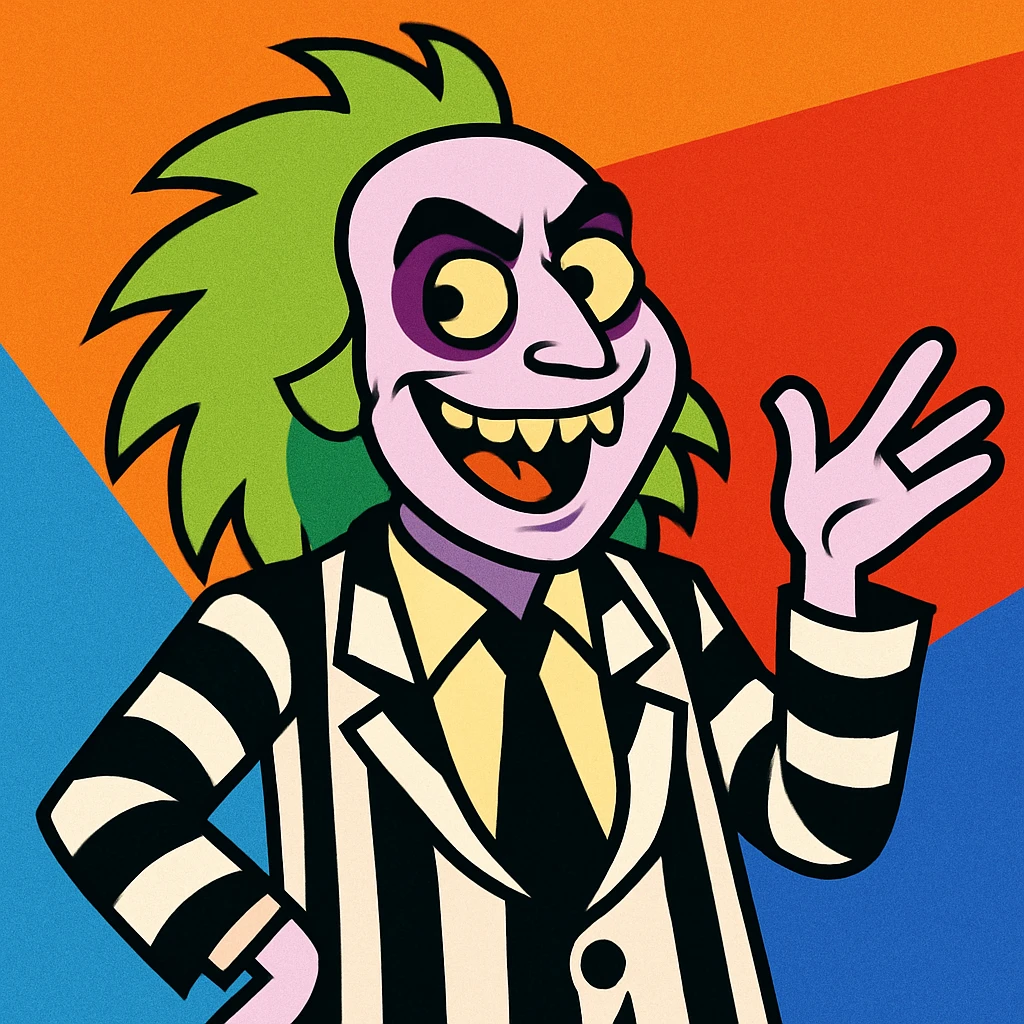 Beetlejuice character, wild striped suit, green hair, mischievous grin, cartoon style emoji